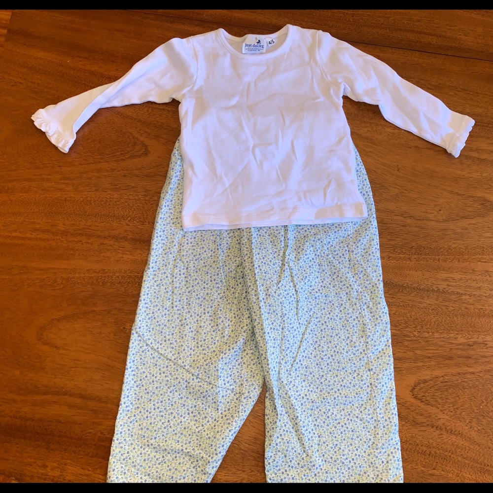 Mary James Blue Floral Pants and White Long Sleeve Shirt with Ruffle Cuffs